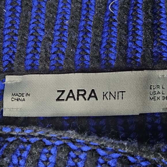 ZARA Knit Women's Blue/Black Striped Roll-Neck Turtleneck Sweater Size Large - Picture 3 of 5